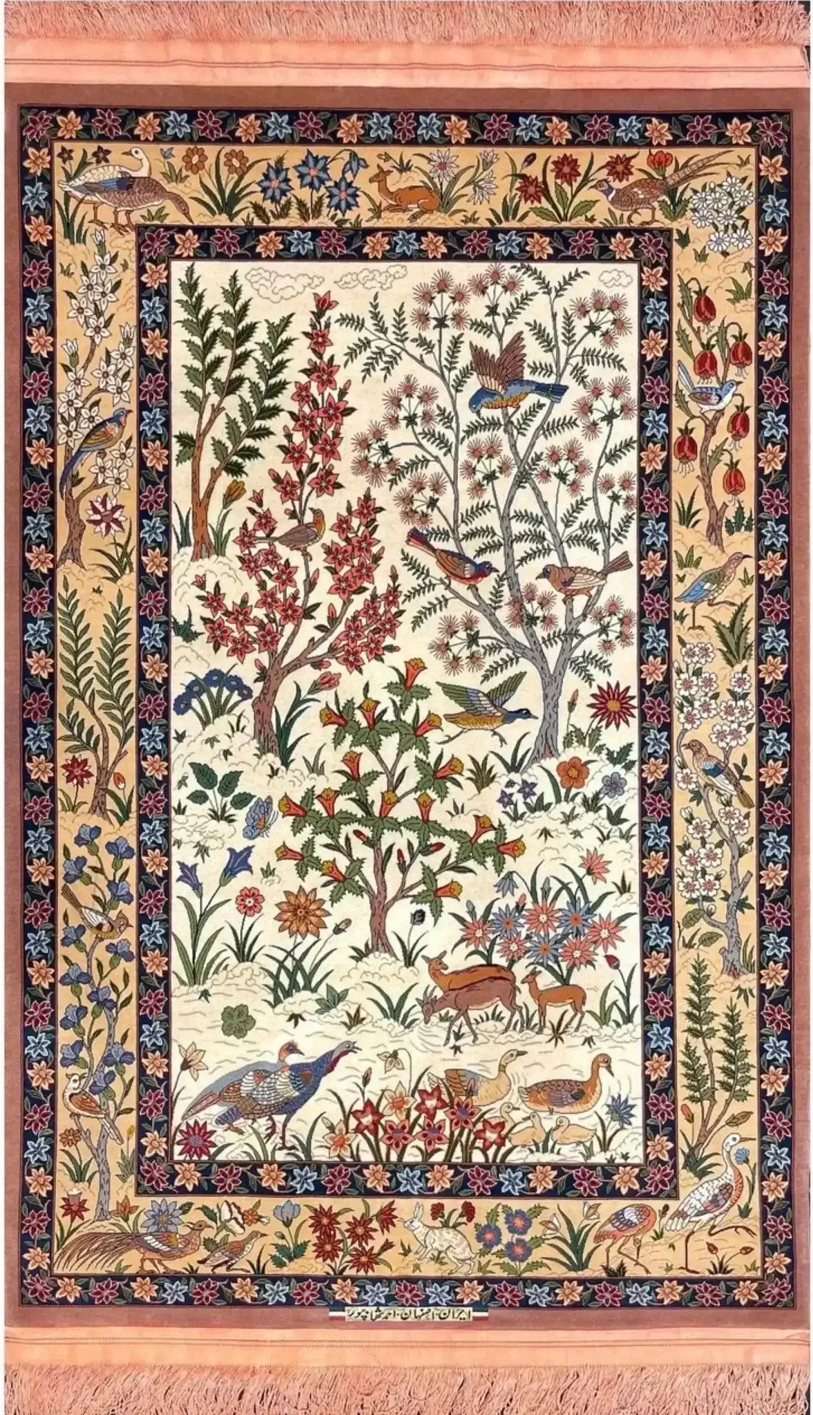 "Hand-knotted Persian Isfahan rug by Master Shahabpour, made from silk and wool with intricate floral patterns, 150 x 100 cm."